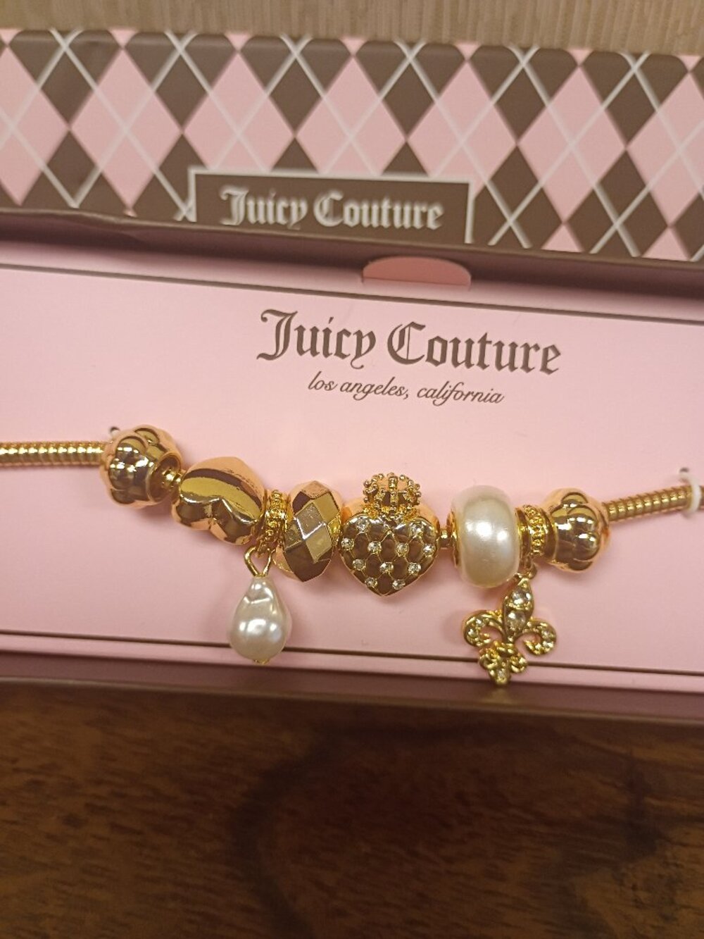 Juicy Couture Gold Heart Pink Hearts Beaded Charms Fashion Bracelet